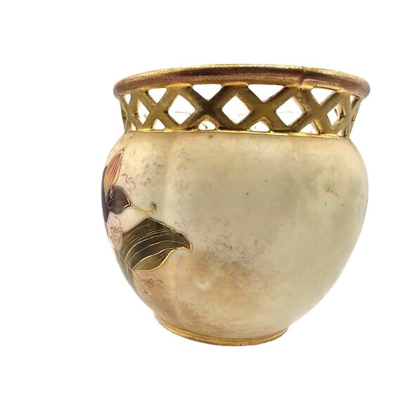 Antique 1893 Robert Hanke Porcelain Vase Lattice Rim Orchid Butterfly Design - Picture 4 of 16